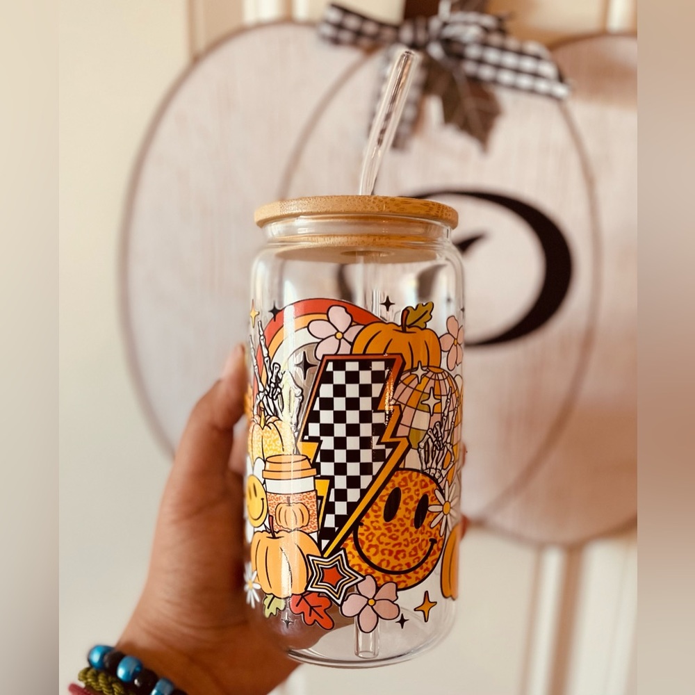 Fall vibes Glass cup with straw